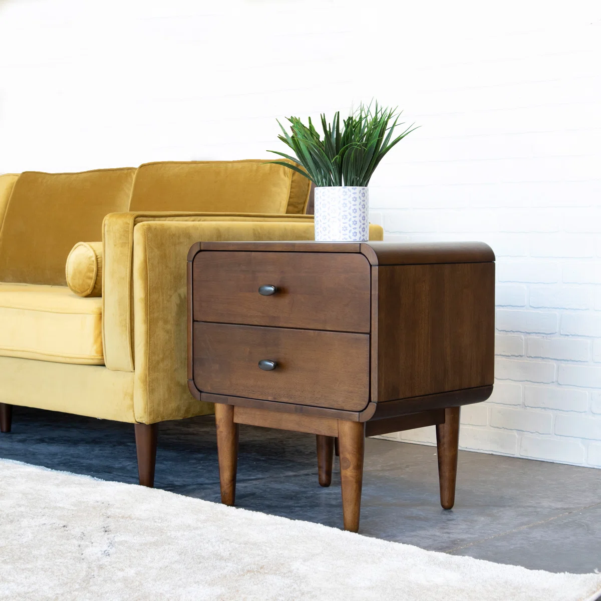 Retro Walnut Curved Nightstand