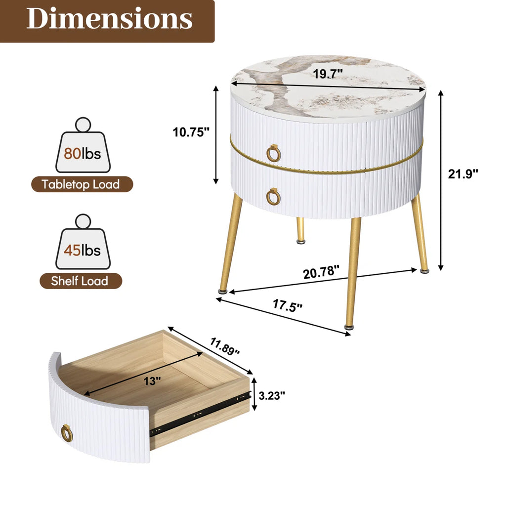 Luxury Round White Nightstand