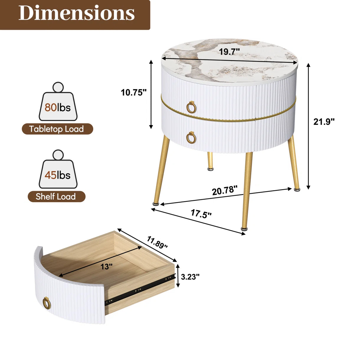 Luxury Round White Nightstand