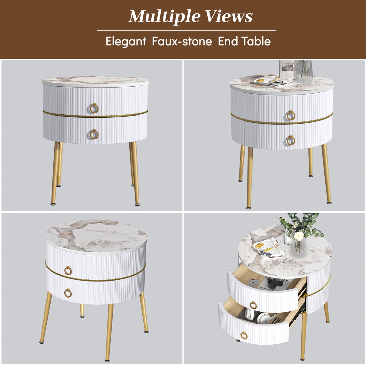 Luxury Round White Nightstand