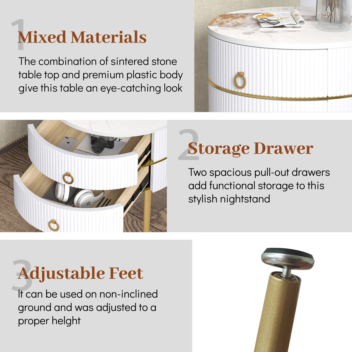 Luxury Round White Nightstand