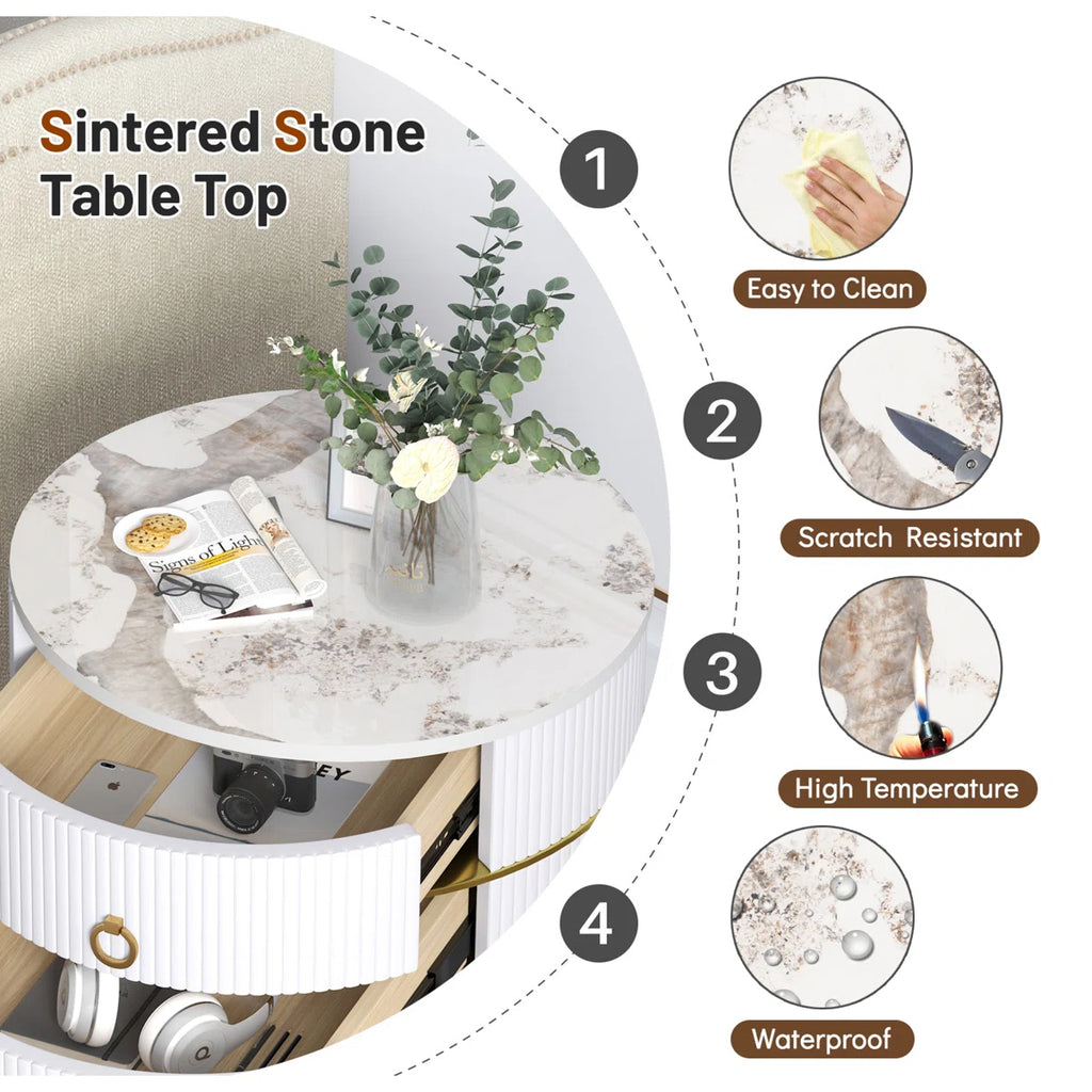 Luxury Round White Nightstand