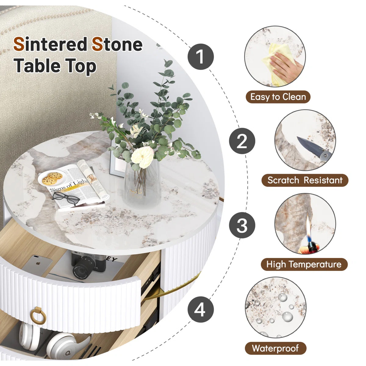 Luxury Round White Nightstand