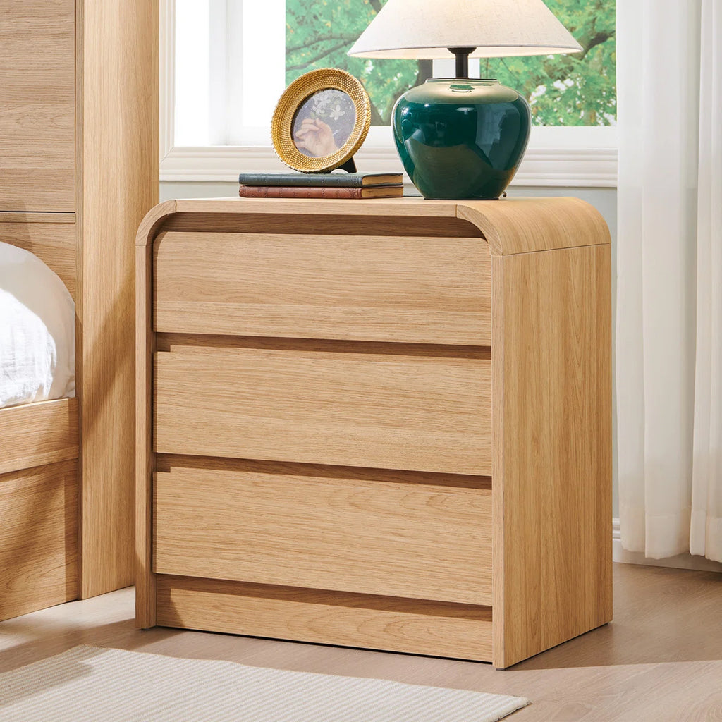 Rounded Oak 3-Drawer Nightstand