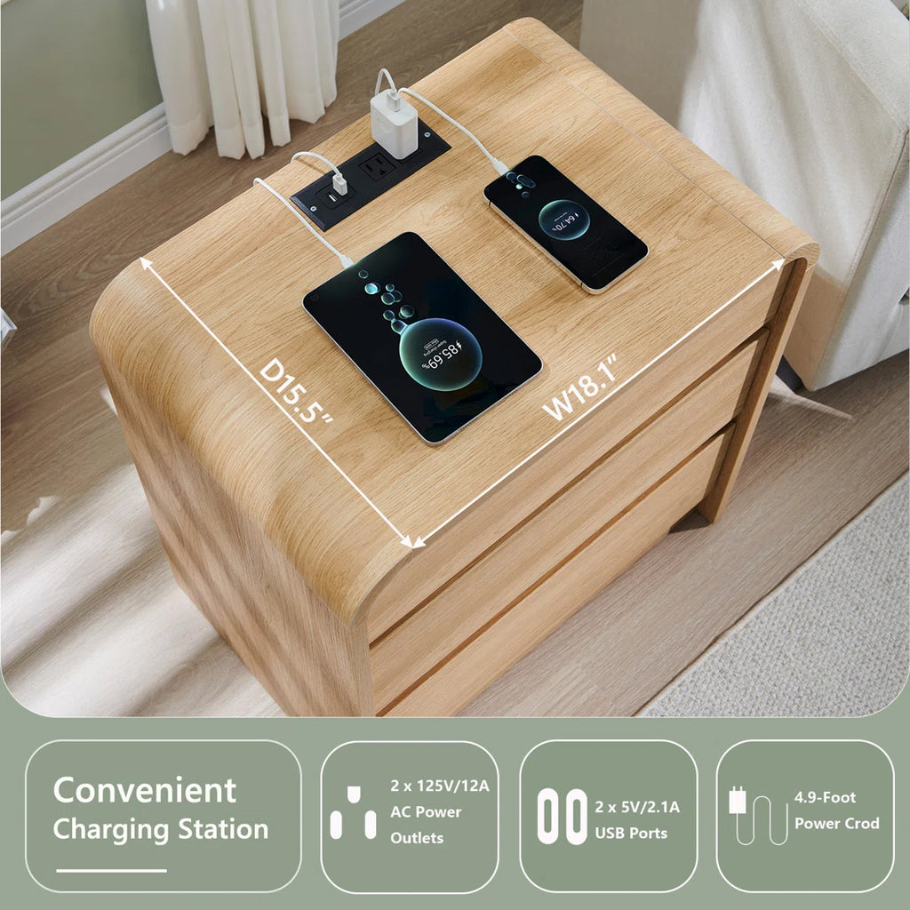 Rounded Oak 3-Drawer Nightstand