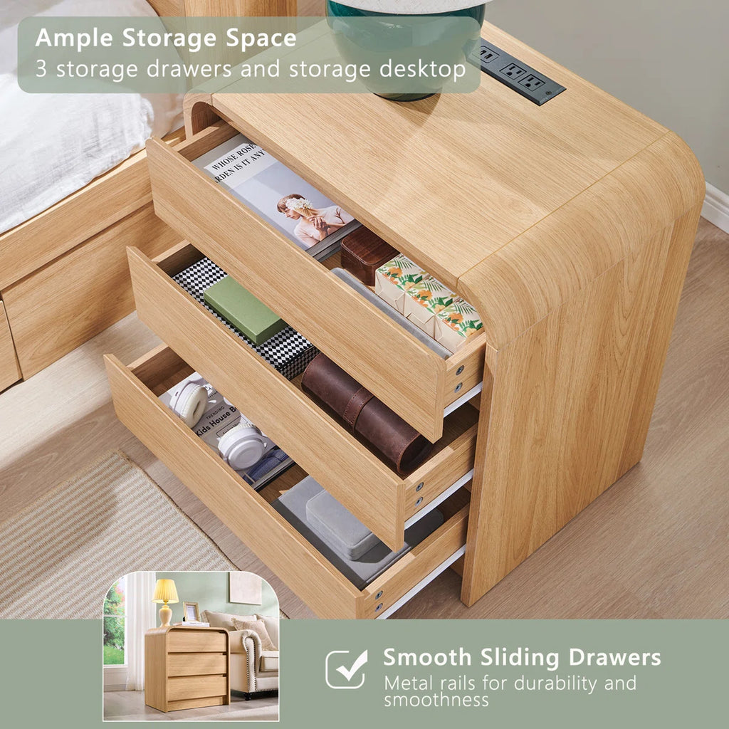 Rounded Oak 3-Drawer Nightstand