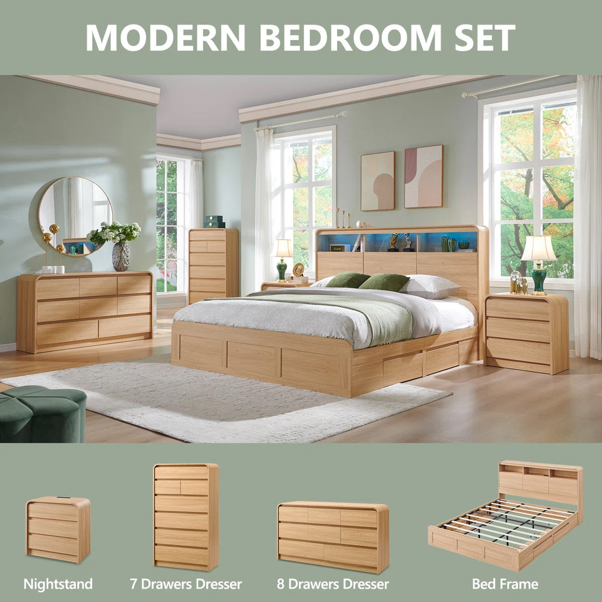 Rounded Oak 3-Drawer Nightstand