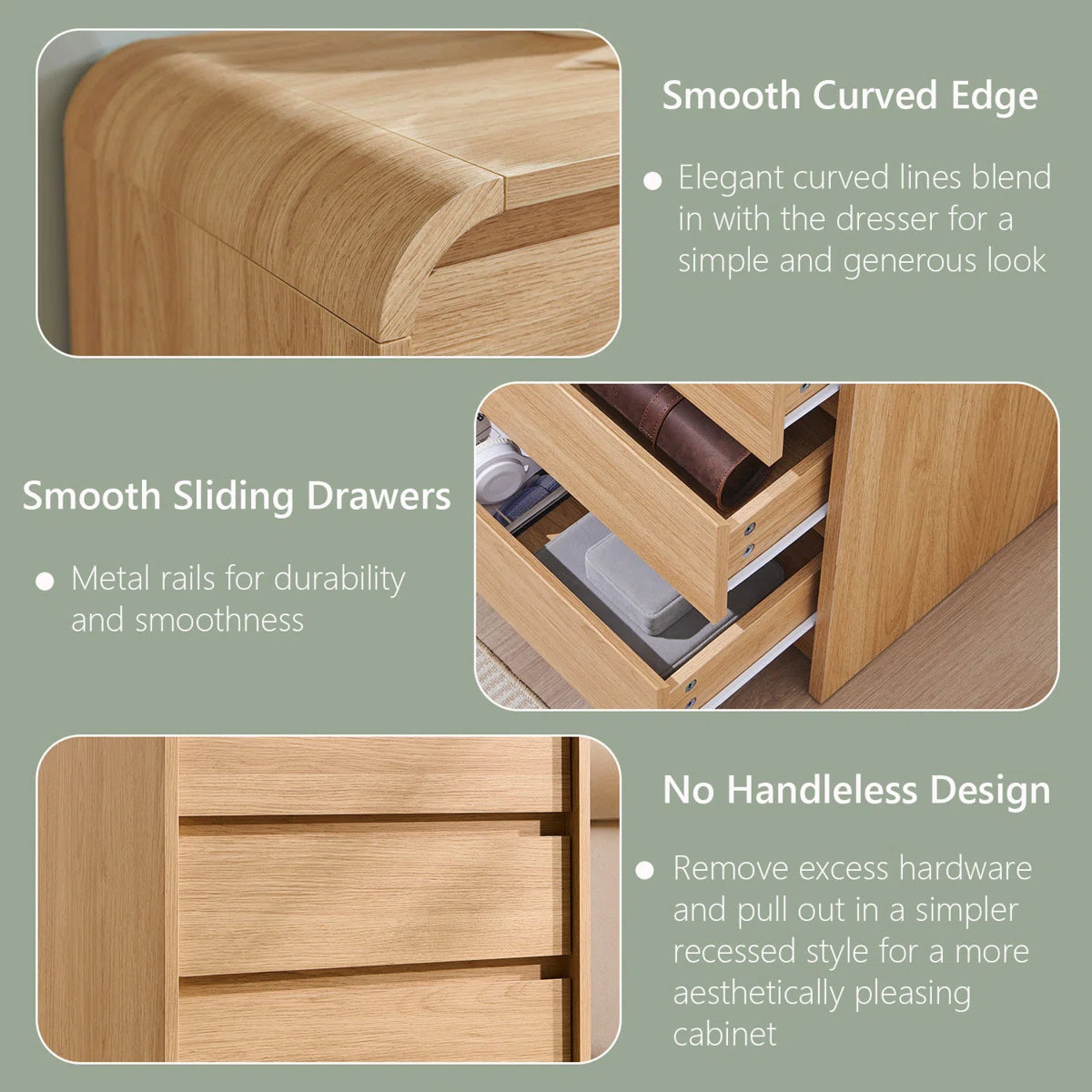 Rounded Oak 3-Drawer Nightstand