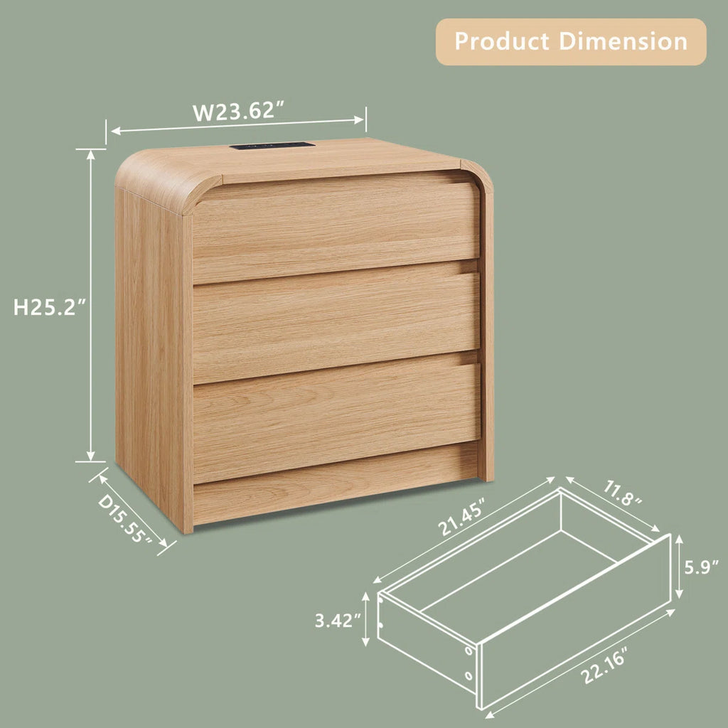 Rounded Oak 3-Drawer Nightstand