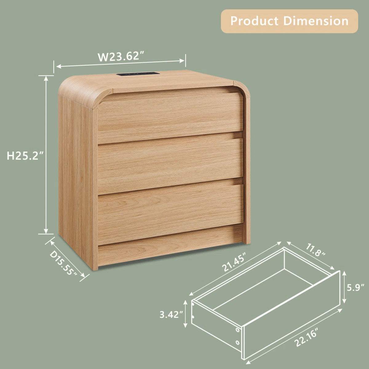 Rounded Oak 3-Drawer Nightstand